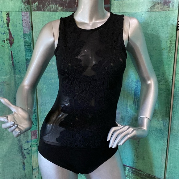 Haute Monde Black Lace Mesh Bodysuit - Picture 1 of 9